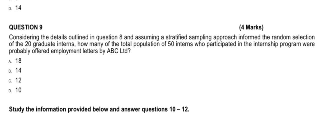 QUESTION 9
(4 Marks)
Considering the details outlined in question 8 and assuming a stratified sampling approach informed the random selection of the 20 graduate interns, how many of the total population of 50 interns who participated in the internship program were probably offered employment letters by ABC Ltd?
A. 18
B. 14
C. 12
D. 10

Study the information provided below and answer questions 10 – 12.