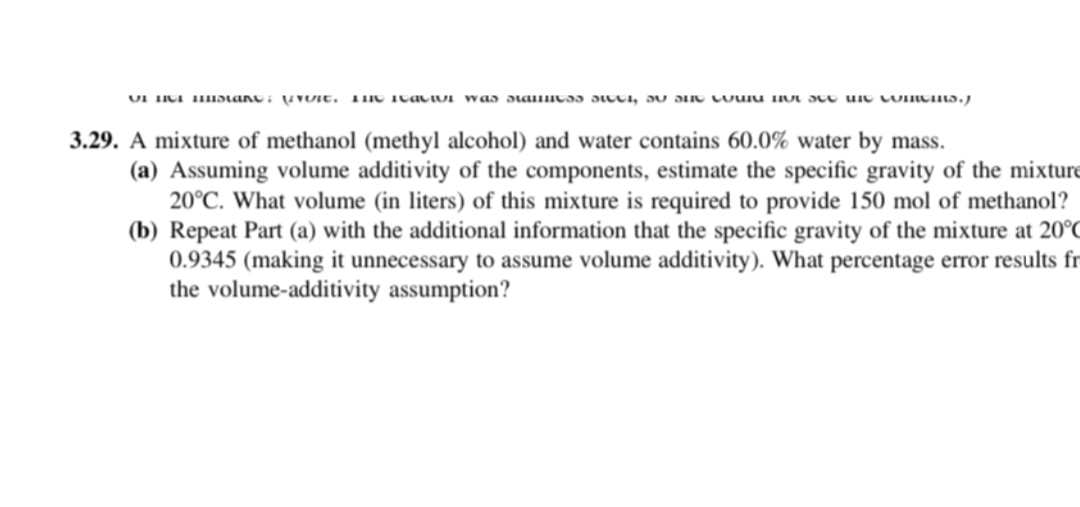 SOLVED 3.29. A mixture of methanol (methyl alcohol) and water contains