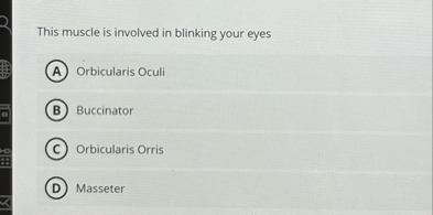 This muscle is involved in blinking your eyes
(A) Orbicularis Oculi
(B) Buccinator
(C) Orbicularis Orris
(D) Masseter