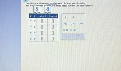Complete the following truth table. Use T for true and F for false.
You may add more columns, but those added columns will not be graded.

egintabular|c|c|c|c|
hline p     q      q -> p     p <->  q hline T     T     square     square hline T     F     square     square hline F     T     square     square hline F     F     square     square hline
endtabular

p q
 square quad square wedge square quad square vee square
square ightarrow square quad square leftrightarrow square