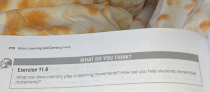 WHAT DO YOU THINK?
Exercise 11.6
What role does memory play in learning movements? How can you help students remember movements?