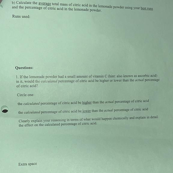 SOLVED b) Calculate the average total mass of citric acid in the