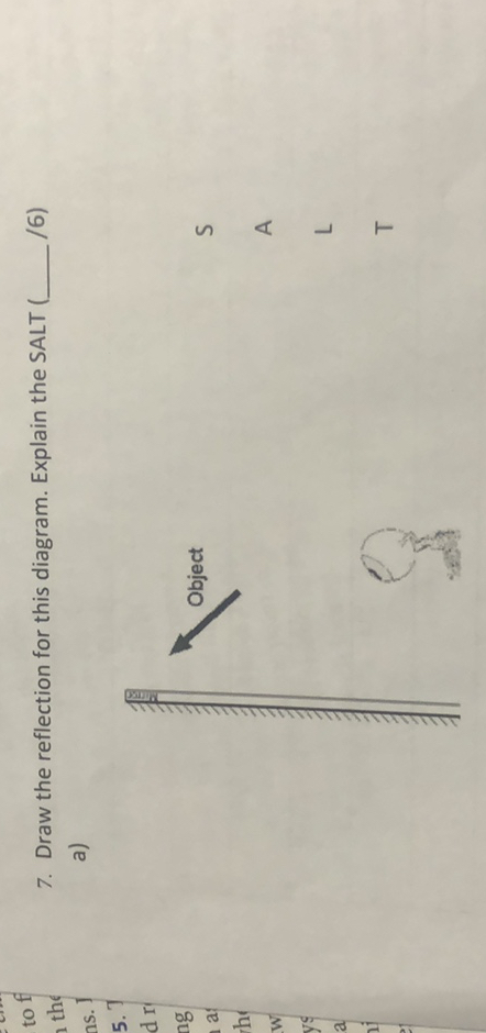 7. Draw the reflection for this diagram. Explain the SALT
/6)
a)
Object
5
A
L
T