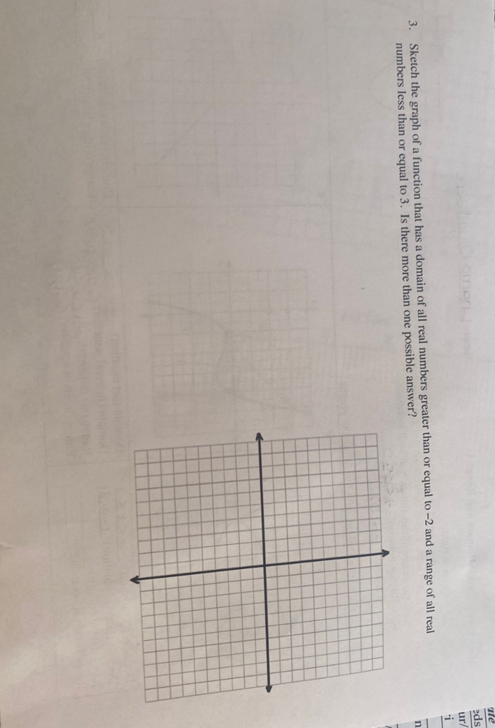 3. Sketch the graph of a function that has a domain of all real numbers greater than or equal to -2 and a range of all real numbers less than or equal to 3 . Is there more than one possible answer?