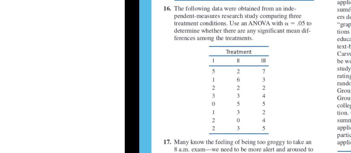 16. The following data were obtained from an independent-measures research study comparing three treatment conditions. Use an ANOVA with ? = .05 to determine whether there are any significant mean differences among the treatments.

Treatment
I	II	III
5	2	7
1	6	3
2	2	2
3	3	4
0	5	5
1	3	2
2	0	4
2	3	5

17. Many know the feeling of being too groggy to take an 8 a.m. exam—we need to be more alert and aroused to