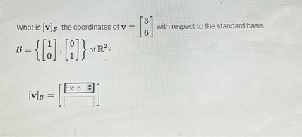 What is [v]B, the coordinates of v = [3; 6] with respect to the standard basis B = [1; 0], [0; 1] of R^2?

[v]B = [ ]