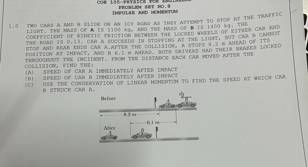 COE 105-PHYSICS FOR PROBLEM SET NO. 8 IMPULSE AND MOMENTUM 1.0 TWO CARS ...