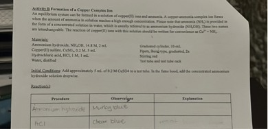 Activity B Formation of a Copper Complex Ion
An equilibrium system can be formed in a solution of copper(II) ions and ammonia. A copper-ammonia complex ion forms when the amount of ammonia in solution reaches a high enough concentration. Please note that ammonia (NH3) is provided in the form of a concentrated solution in water, which is usually referred to as ammonium hydroxide (NH4OH). These two names are interchangeable. The reaction of copper(II) ions with this solution should be written for convenience as Cu2+ + NH3.

Materials:
Ammonium hydroxide, NH4OH, 14.8 M, 2 mL
Copper(II) sulfate, CuSO4, 0.2 M, 5 mL
Hydrochloric acid, HCl, 1 M, 1 mL
Water, distilled
Graduated cylinder, 10-mL
Pipets, Beral-type, graduated, 2x
Stirring rod
Test tube and test tube rack

Initial Conditions: Add approximately 5 mL of 0.2 M CuSO4 to a test tube. In the fume hood, add the concentrated ammonium hydroxide solution dropwise.

Reaction(s):

| Procedure | Observations | Explanation |
| :— | :— | :— |
| Ammonium hydroxide | Murky blue | |
| HCl | Clear blue | |