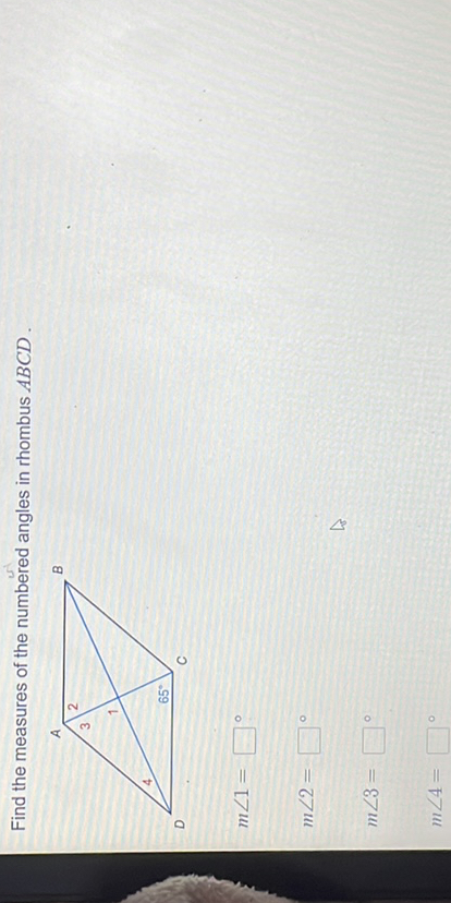 find the measure of the numbered angles in rhombus abcd