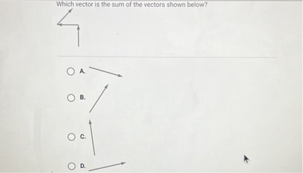 Which vector is the sum of the vectors shown below?
A.
B.
C.
D.