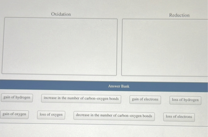 Oxidation
Reduction
Answer Bank
gain of hydrogen
increase in the number of carbon–oxygen bonds
gain of electrons
loss of hydrogen
gain of oxygen
loss of oxygen
decrease in the number of carbon–oxygen bonds
loss of electrons