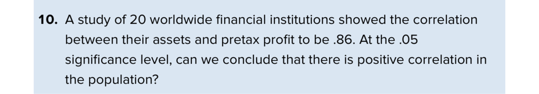 10. A study of 20 worldwide financial institutions showed the correlation between their assets and pretax profit to be .86. At the .05 significance level, can we conclude that there is positive correlation in the population?