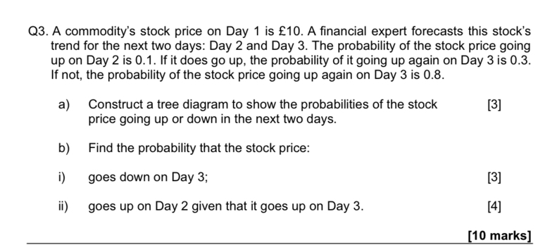Q3. A commodity's stock price on Day 1 is £ 10. A financial expert forecasts this stock's trend for the next two days: Day 2 and Day 3 . The probability of the stock price going up on Day 2 is 0.1 . If it does go up, the probability of it going up again on Day 3 is 0.3 . If not, the probability of the stock price going up again on Day 3 is 0.8 .
a) Construct a tree diagram to show the probabilities of the stock
[3] price going up or down in the next two days.
b) Find the probability that the stock price:
i) goes down on Day 3;
[3]
ii) goes up on Day 2 given that it goes up on Day 3 .
[4]
[10 marks]