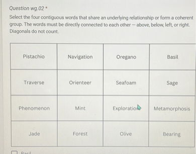 select the four contiguous words that share an underlying relationship ...