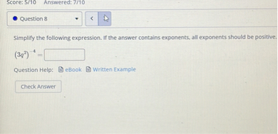 Simplify the following expression. If the answer contains exponents, all exponents should be positive.
( (3q^2)^-4 = )