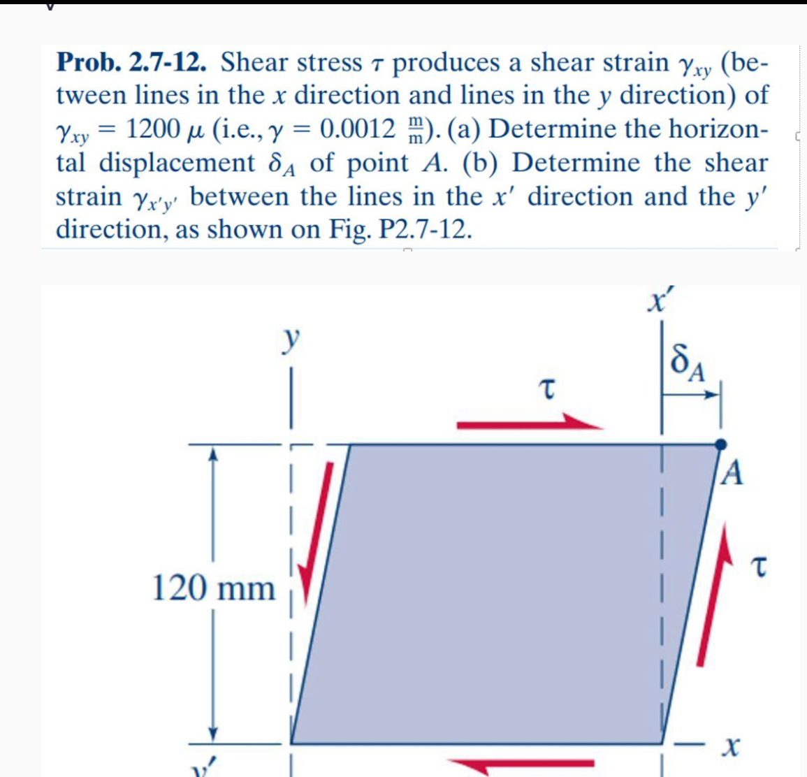 Prob. 2.7-12. Shear stress τ produces a shear strain γx y (between ...