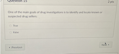 One of the main goals of drug investigations is to identify and locate known or suspected drug sellers.

True

False