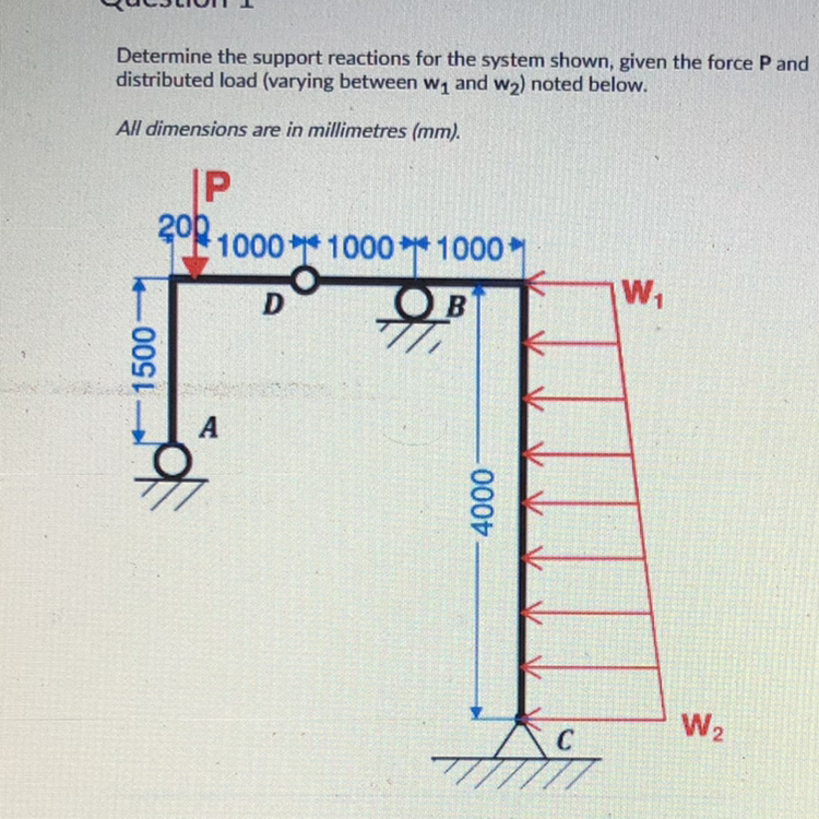 Determine the support reactions for the system shown, given the force P and distributed load (varying between w1 and w2 ) noted below.
All dimensions are in millimetres (mm).