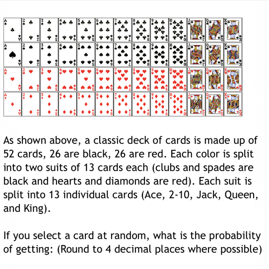 SOLVED: As shown above, a classic deck of cards is made up of 52 cards ...