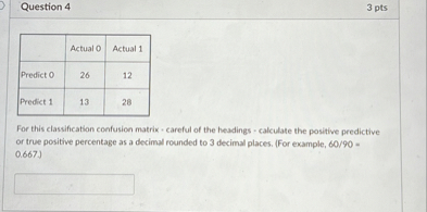 SOLVED: Question 4 3 pts Actual 0 Actual 1 Predict 0 26 12 Predict 1 13 ...