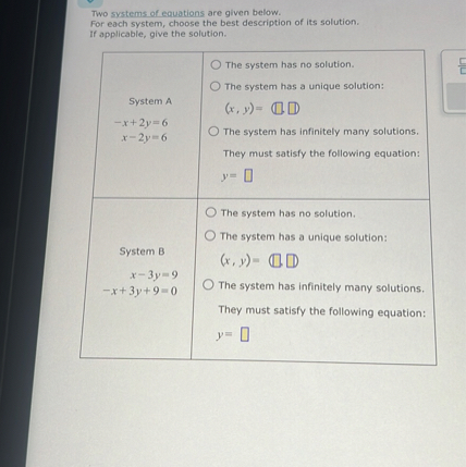 Two systems of equations are given below.
For each system, choose the best description of its solution.
If applicable, give the solution.

System A
-x + 2y = 6
x - 2y = 6

- The system has no solution.
- The system has a unique solution:
(x, y) = ( , )
- The system has infinitely many solutions.
They must satisfy the following equation:
y = 

System B
x - 3y = 9
-x + 3y + 9 = 0

- The system has no solution.
- The system has a unique solution:
(x, y) = ( , )
- The system has infinitely many solutions.
They must satisfy the following equation:
y = 