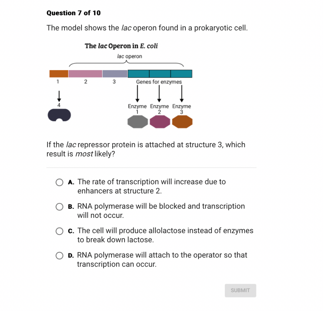 Question 7 of 10 The model shows the lac operon found in a prokaryotic ...