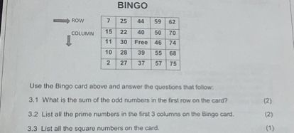 BINGO

ROW
cotumn

7     25     44     59     62 

15     22     40     50     70 

11     30     Free     46     74 

10     28     39     55     68 

2     27     37     57     75 



Use the Bingo card above and answer the questions that follow:
3.1 What is the sum of the odd numbers in the first row on the card?
3.2 List all the prime numbers in the first 3 columns on the Bingo card.
(2)
3.3 List all the square numbers on the card.
(1)
