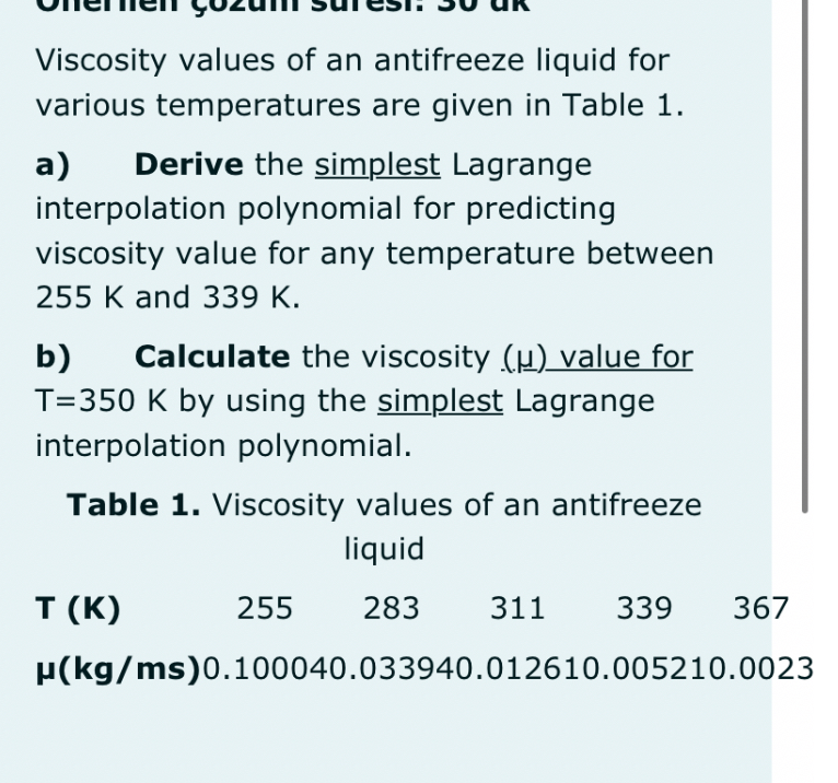 SOLVED Viscosity values of an antifreeze liquid for various