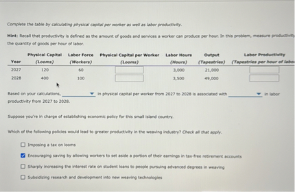 Complete the table by calculating physical capital per worker as well as labor productivity.

Hint: Recall that productivity is defined as the amount of goods and services a worker can produce per hour. In this problem, measure productivity as the quantity of goods per hour of labor.

| Year | Physical Capital (Looms) | Labor Force (Workers) | Physical Capital per Worker (Looms) | Labor Hours (Hours) | Output (Tapestries) | Labor Productivity (Tapestries per hour of labor) |
|—|—|—|—|—|—|—|
| 2027 | 120 | 60 | | 3,000 | 21,000 | |
| 2028 | 400 | 100 | | 3,500 | 49,000 | |

Based on your calculations, [Dropdown] in physical capital per worker from 2027 to 2028 is associated with [Dropdown] in labor productivity from 2027 to 2028.

Suppose you're in charge of establishing economic policy for this small island country.

Which of the following policies would lead to greater productivity in the weaving industry? Check all that apply.

[ ] Imposing a tax on looms
[x] Encouraging saving by allowing workers to set aside a portion of their earnings in tax-free retirement accounts
[ ] Sharply increasing the interest rate on student loans to people pursuing advanced degrees in weaving
[ ] Subsidizing research and development into new weaving technologies