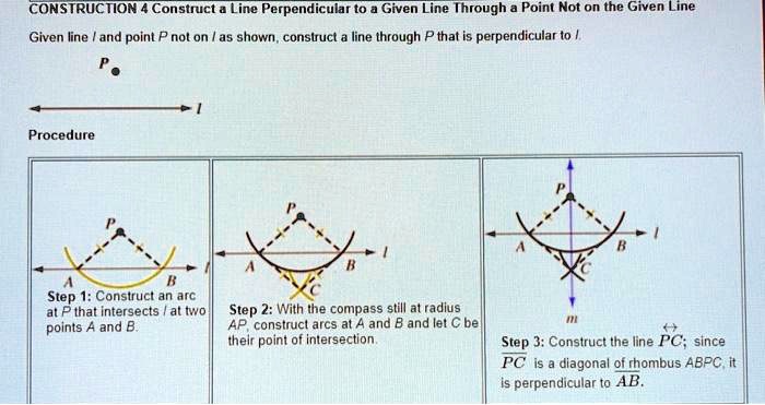 SOLVED: CONSTRUCTION 4: Construct a Line Perpendicular to a Given Line  Through a Point Not on the Given Line Given line / and point P not on / as  shown, construct a