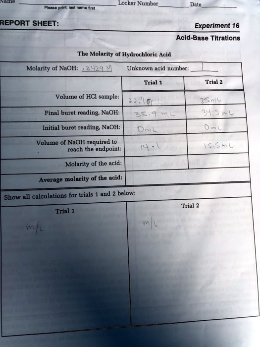 SOLVED Locker Number namtatfrt reporT SHEET Experiment 16 AcidBase