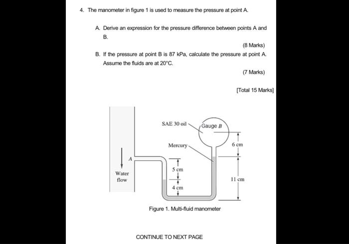 SOLVED: 4. The Manometer In Figure 1 Is Used To Measure The Pressure At ...