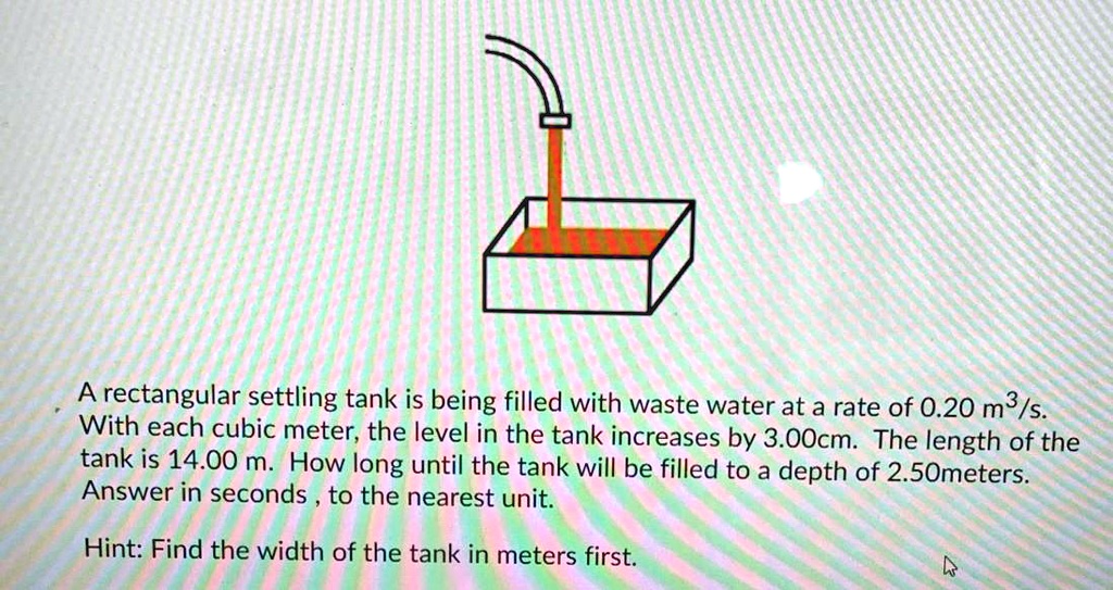 A rectangular settling tank is being filled with waste water...