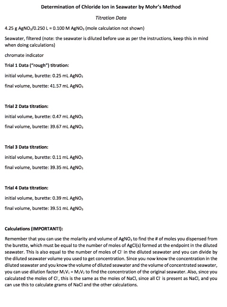 SOLVED Determination of Chloride Ion in Seawater by Mohr'Method