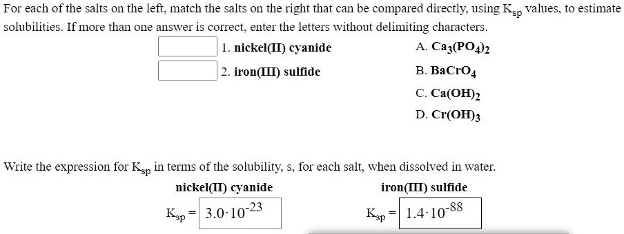 SOLVED: For each of the salts 0 the left, match the salts on the right ...