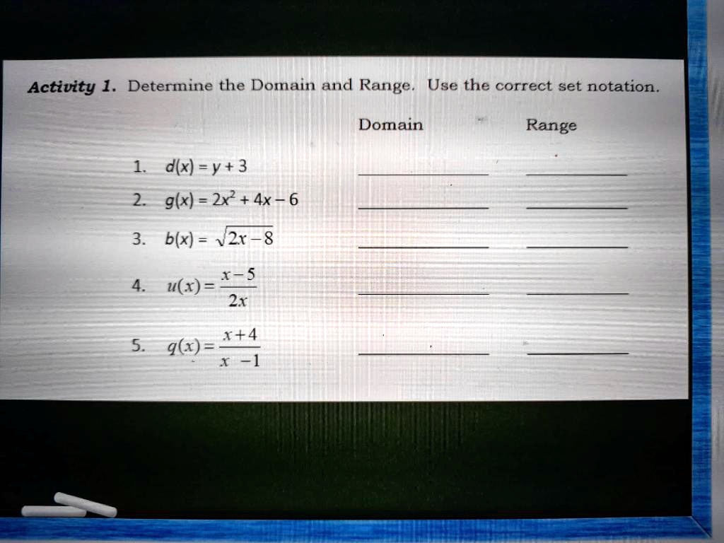 Solved Activity 1 Determine The Domain And Range Use The Correct Set Notation Domain Range 1 D X Y 3 2 G X 2x 4x 6 3 B X V2r 8 1 5 U X 2x 5 1 4 9 X 1