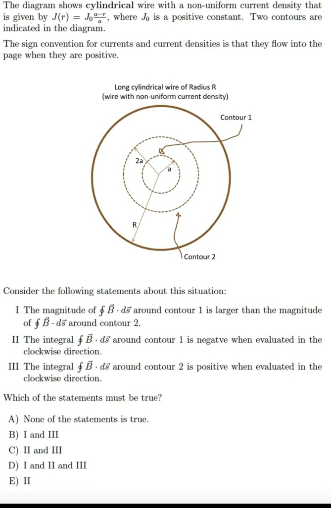Solved The Diagram Shows Cylindrical Wire With Non Uniform Current Density That Is Given By Jr Jo Z Where Jo Is Positive Constant Two Contours Are Indicated In The Diagram The Sign Convention For Currents