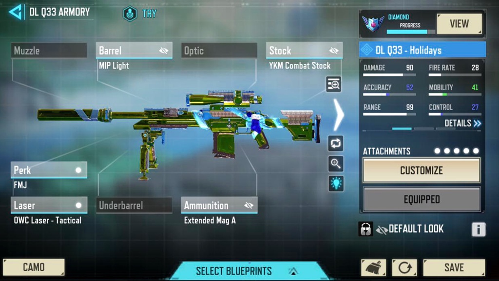 DL Q33 ARMORY
Muzzle
Perk
FMJ
Laser
OWC Laser - Tactical
CAMO
TRY
DIAMOND
PROGRESS
VIEW
Barrel
MIP Light
Optic
Stock
YKM Combat Stock
DL Q33 - Holidays
DAMAGE
90
F FIRE RATE
28
ACCURACY
52
MOBILITY
41
RANGE
99
CONTROL
27
DETAILS >>>
Underbarrel
Ammunition
Extended Mag A
SELECT BLUEPRINTS
ATTACHMENTS
CUSTOMIZE
EQUIPPED
DEFAULT LOOK
SAVE