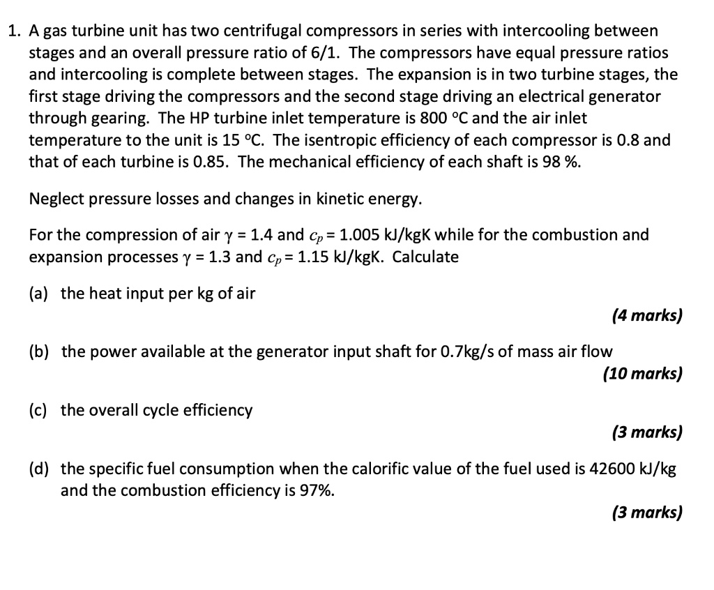 SOLVED A gas turbine unit has two centrifugal compressors in series