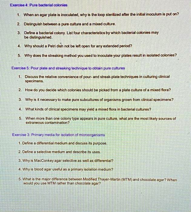 SOLVED Exercise 4 Pure bacterial colonies When an agar plate is