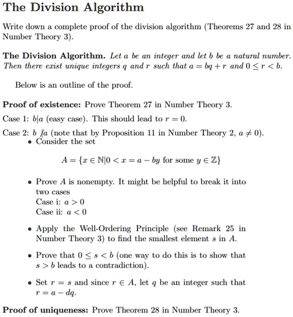 SOLVED:The Division Algorithm Write dOwn complete proof of the division ...