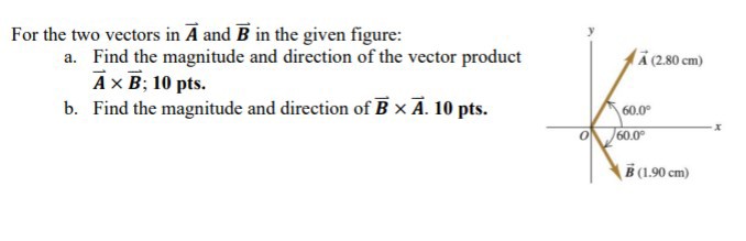 For the two vectors in A and B in the given figure:
a. Find the magnitude and direction of the vector product A x B; 10 pts.
b. Find the magnitude and direction of B x A. 10 pts.