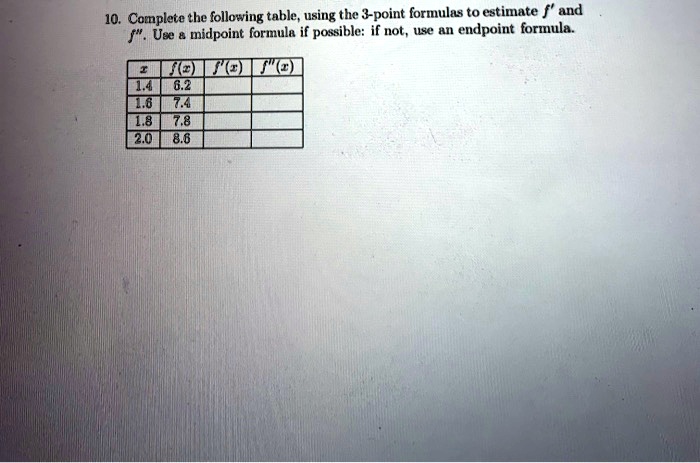 SOLVED: 10 . Complete the following table, using the 3-point formulas ...