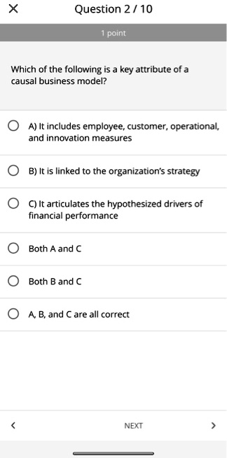 Which of the following is a key attribute of a
causal business model?
A) It includes employee, customer, operational,
and innovation measures
B) It is linked to the organization's strategy
C) It articulates the hypothesized drivers of
financial performance
Both A and C
Both B and C
A, B, and C are all correct