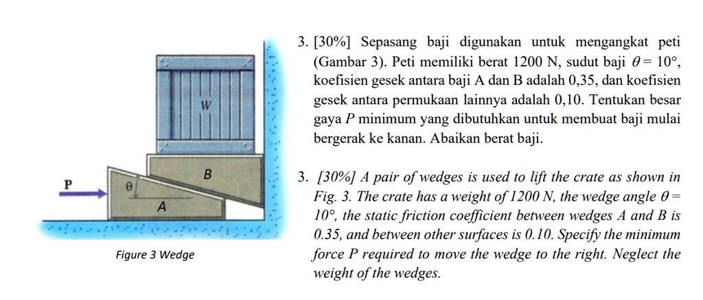 30 a pair of wedges is used to lift the crate as shown in fig 3 the crate has a weight of 1200 n the wedge angle theta 10 the static friction coefficient between wedges a and b is 035 and be 40628