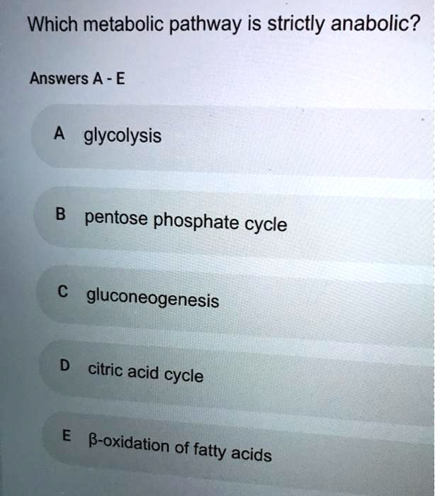 Which metabolic pathway is strictly anabolic?
Answers A - E
A glycolysis
B pentose phosphate cycle
C gluconeogenesis
D citric acid cycle
E ?-oxidation of fatty acids