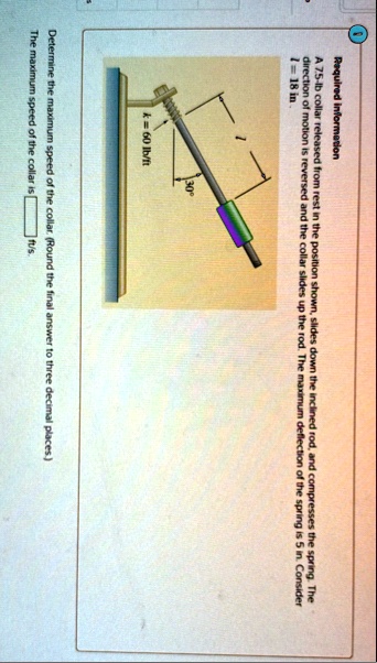 1 required information a 75 lb collar released from rest in the position shown slides down the inclined rod and compresses the spring the direction of motion is reversed and the collar slide 23207
