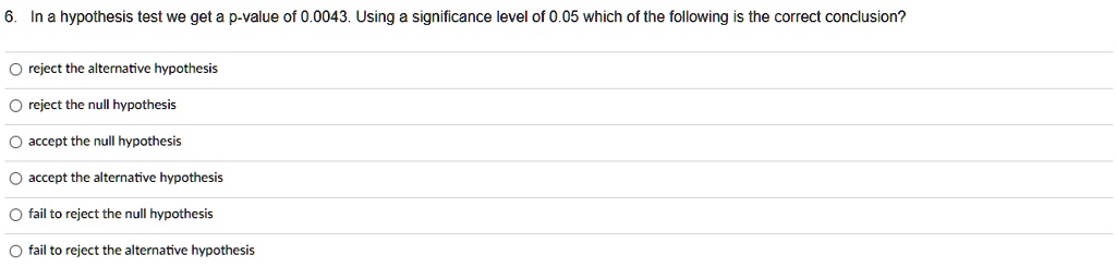 6. In a hypothesis test we get a p-value of 0.0043. Using a significance level of 0.05 which of the following is the correct conclusion?

reject the alternative hypothesis
reject the null hypothesis
accept the null hypothesis
accept the alternative hypothesis
fail to reject the null hypothesis
fail to reject the alternative hypothesis
