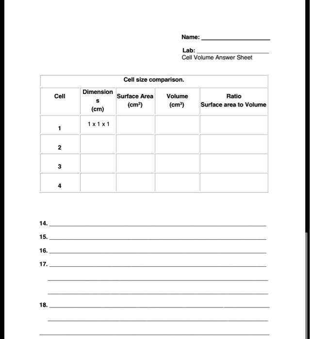 SOLVED: Name: Lab: Cell Volume Answer Sheet Cell size comparison ...