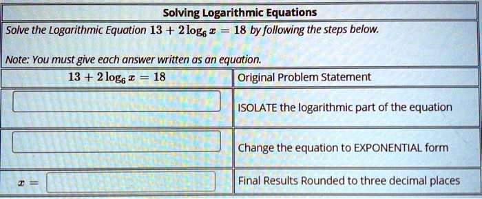 solving logarithmic equations solve the logarithmic equation 13 2log6 i 18 by following the steps below note you must give each answer written os an equation 13 2 logs i 18 original problem  56543